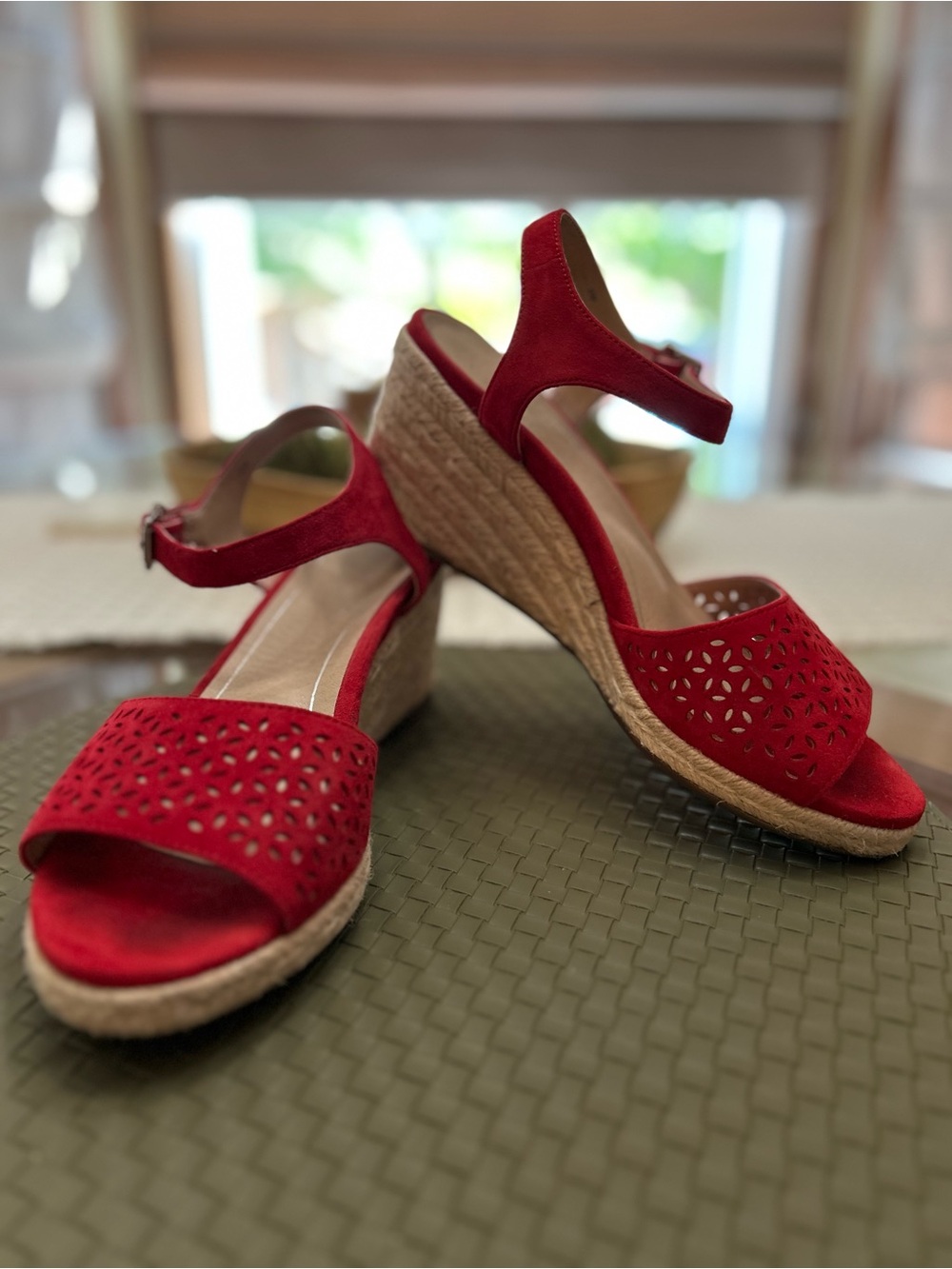 Vionic Red Suede Laser-Cut Wedge Sandals with Ankle Strap - Picture 2 of 5